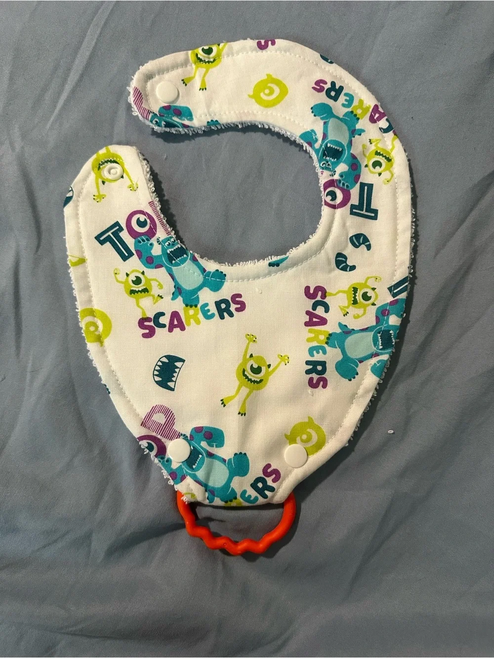 Handmade Monsters Inc bib with ring